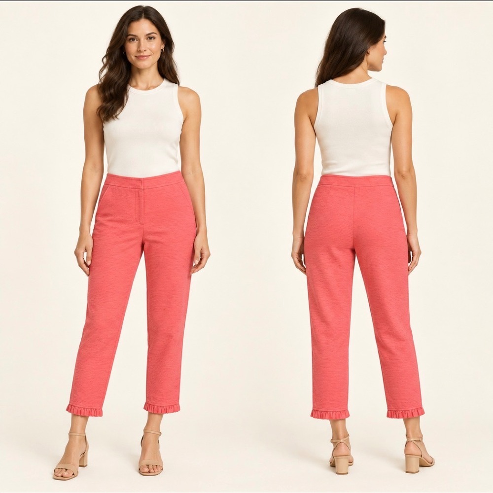 Trina Turk Coral Chevron Textured Ruffle Hem Cropped Pants Size 4 EUC